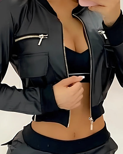 Black PU short baseball uniform jacket with long spliced sleeves, polyester 51-70%, sizes S-XL for women commuting