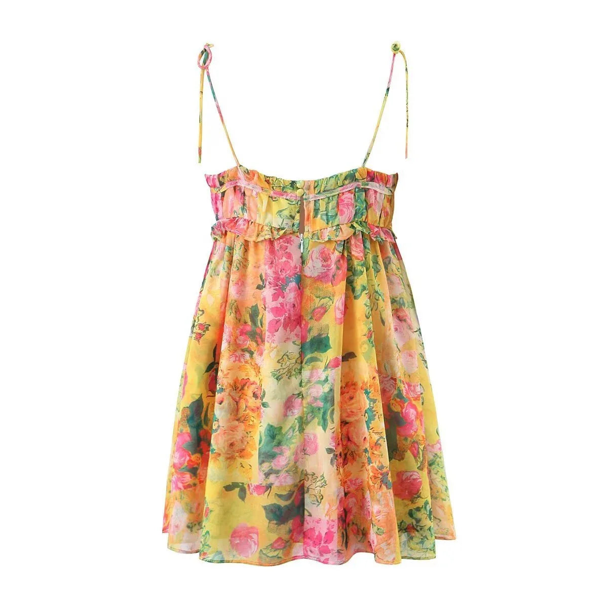 Stylish floral suspender dress with adjustable straps and playful ruffles, perfect for summer fun and fashion