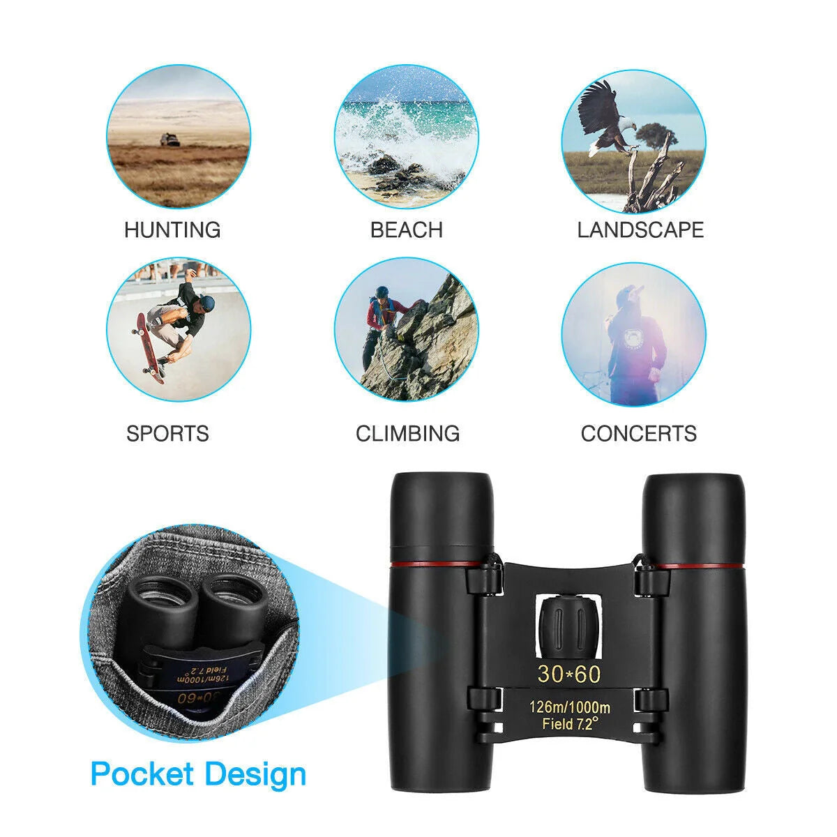 Compact 30x60 zoom binoculars with carry bag, ideal for outdoor adventures and events.