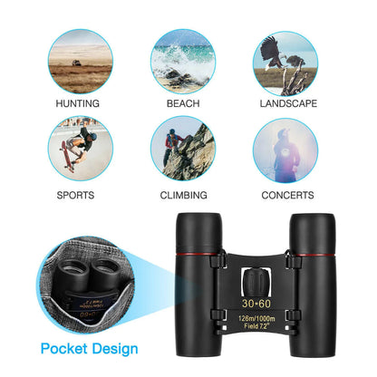 Compact 30x60 zoom binoculars with carry bag, ideal for outdoor adventures and events.