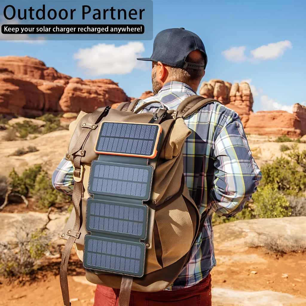 Outdoor rainproof solar phone charger with LED light in black, blue, green, and orange colours.