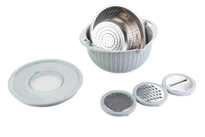 Multifunctional Rotating Fruit and Vegetable Colander with Interchangeable Blades for Slicing, Shredding, and Dicing