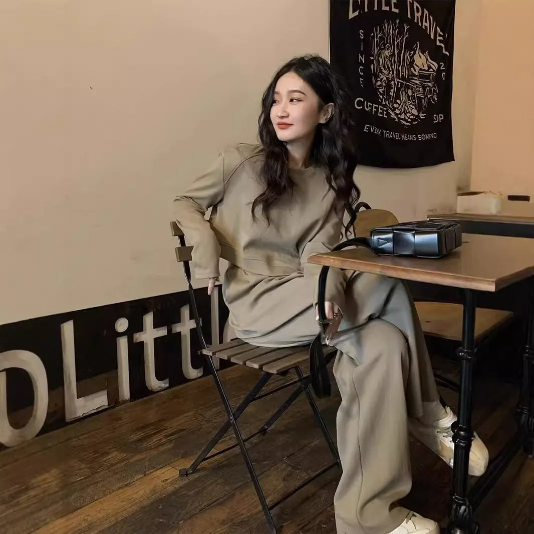 Women's khaki brown loose fit casual sports suit two-piece set with long sleeves and trousers.