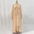 Hollow jacquard sling lace see-through loose A-line dress with ribbon in brown polyester