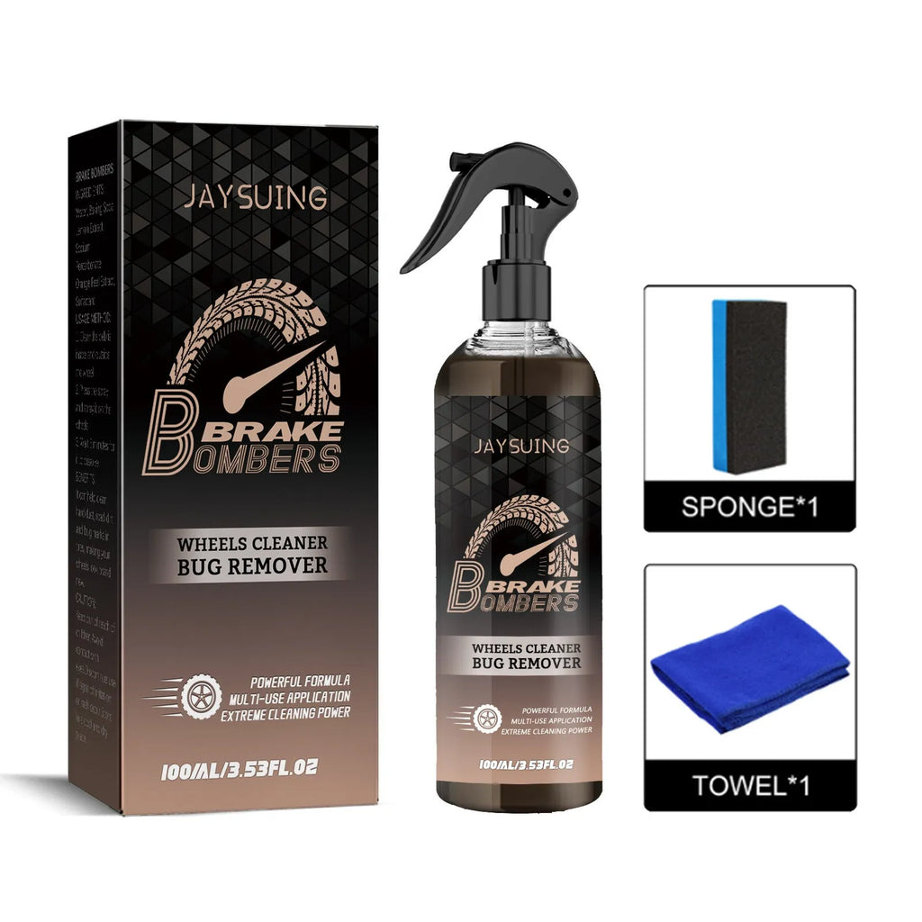 Car brake cleanser kit showing 100ml bottle, sponge, and cloth for brake disc rust removal