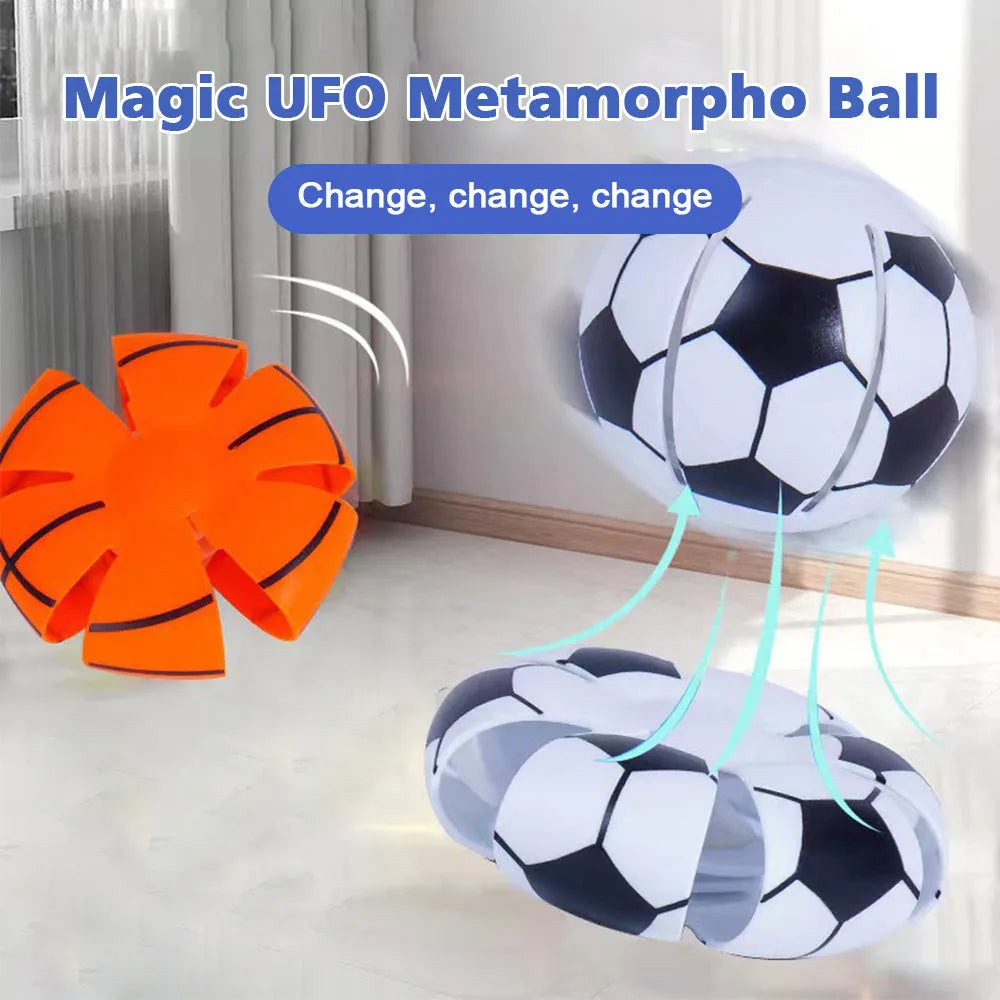 Interactive transformable dog toy showing ball and flying disc states with glowing element