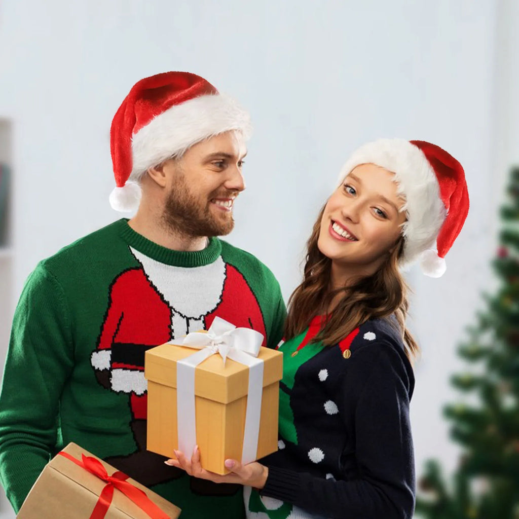 Red and white plush Santa Christmas hat with LED lights illuminated, featuring a pom-pom and stretchy spandex band.