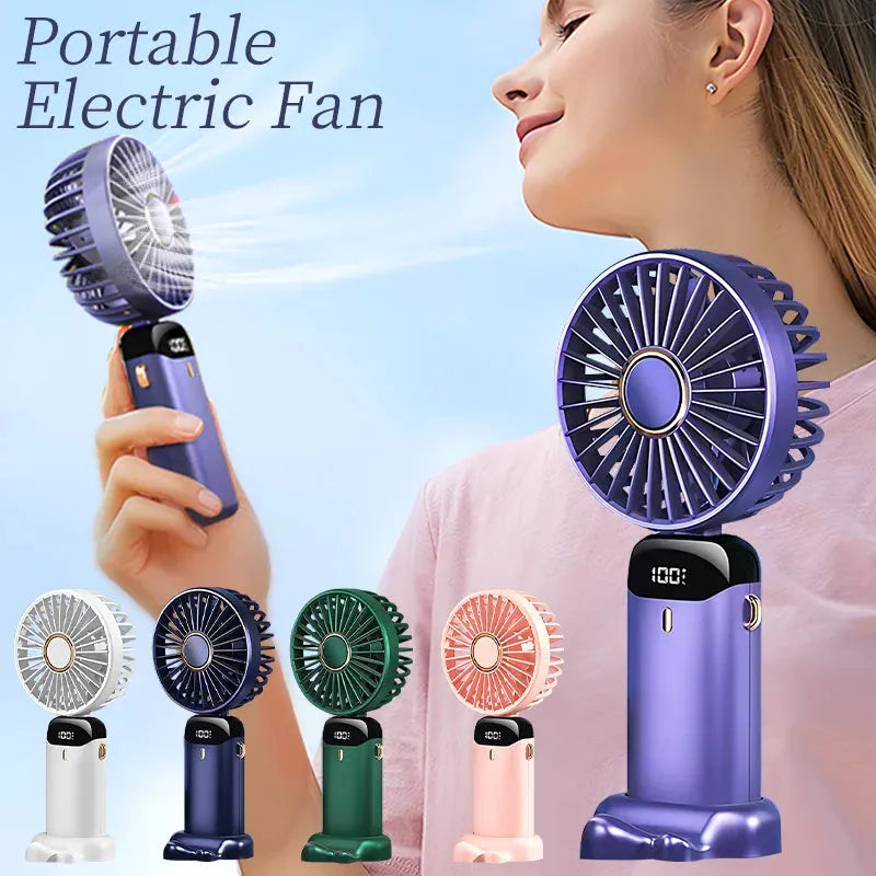 Blue portable electric fan folded at 190-degree angle showing handheld grip, desk base, and neck lanyard attachment