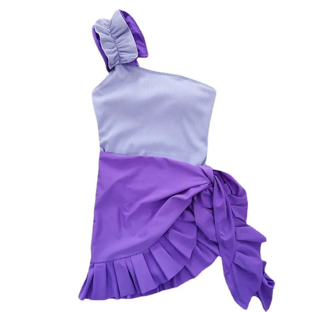 Women's single-shoulder suspender tube top one-piece swimsuit in a high-waist cut, shown in a solid colour.