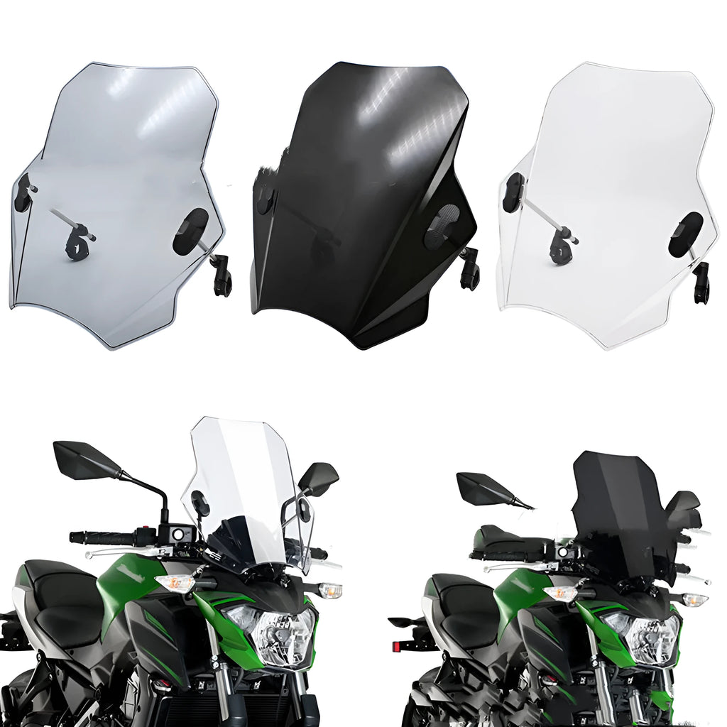 Universal ABS plastic motorcycle windshield in smoke grey with handlebar clamps
