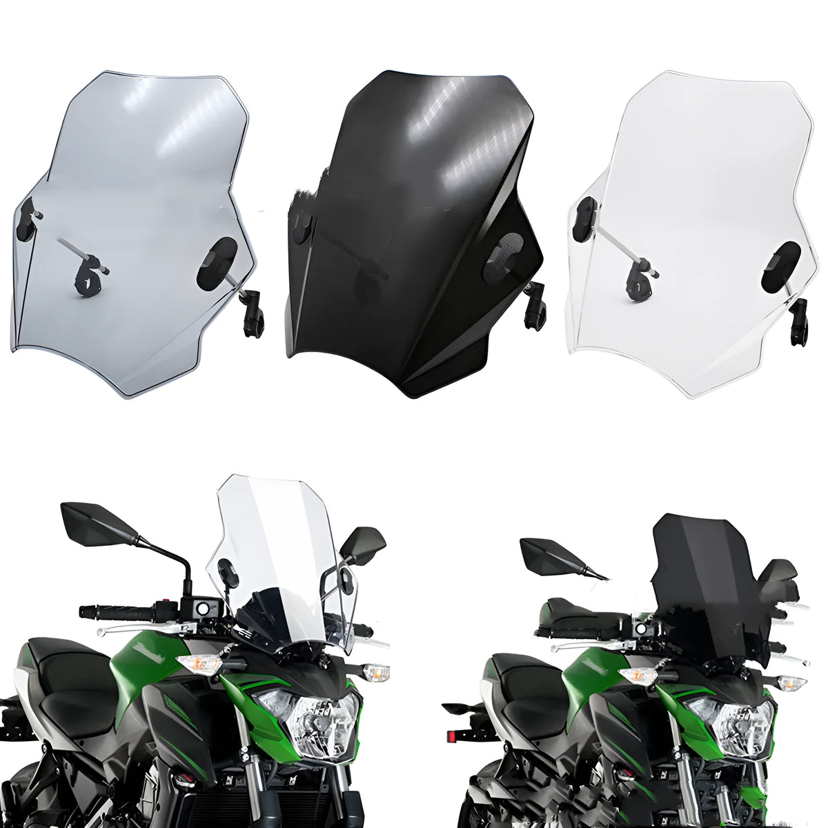 Universal ABS plastic motorcycle windshield in smoke grey with handlebar clamps