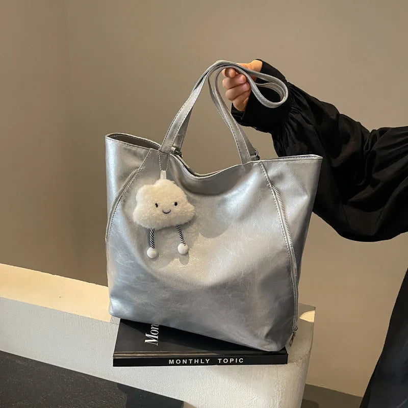 Women's large capacity PU oil leather tote bag with double zipper and sewing thread detail in four colour options