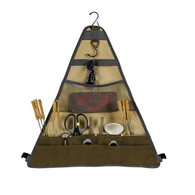 Camping tableware storage bag with 44x38cm dimensions and wear-resistant fabric construction for organising outdoor cooking utensils with hanging capability and foldable design