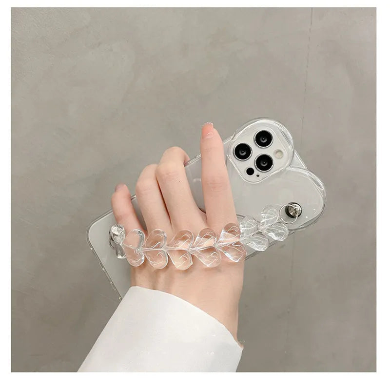 Transparent iPhone case with love bracelet chain design on clear TPU protective shell