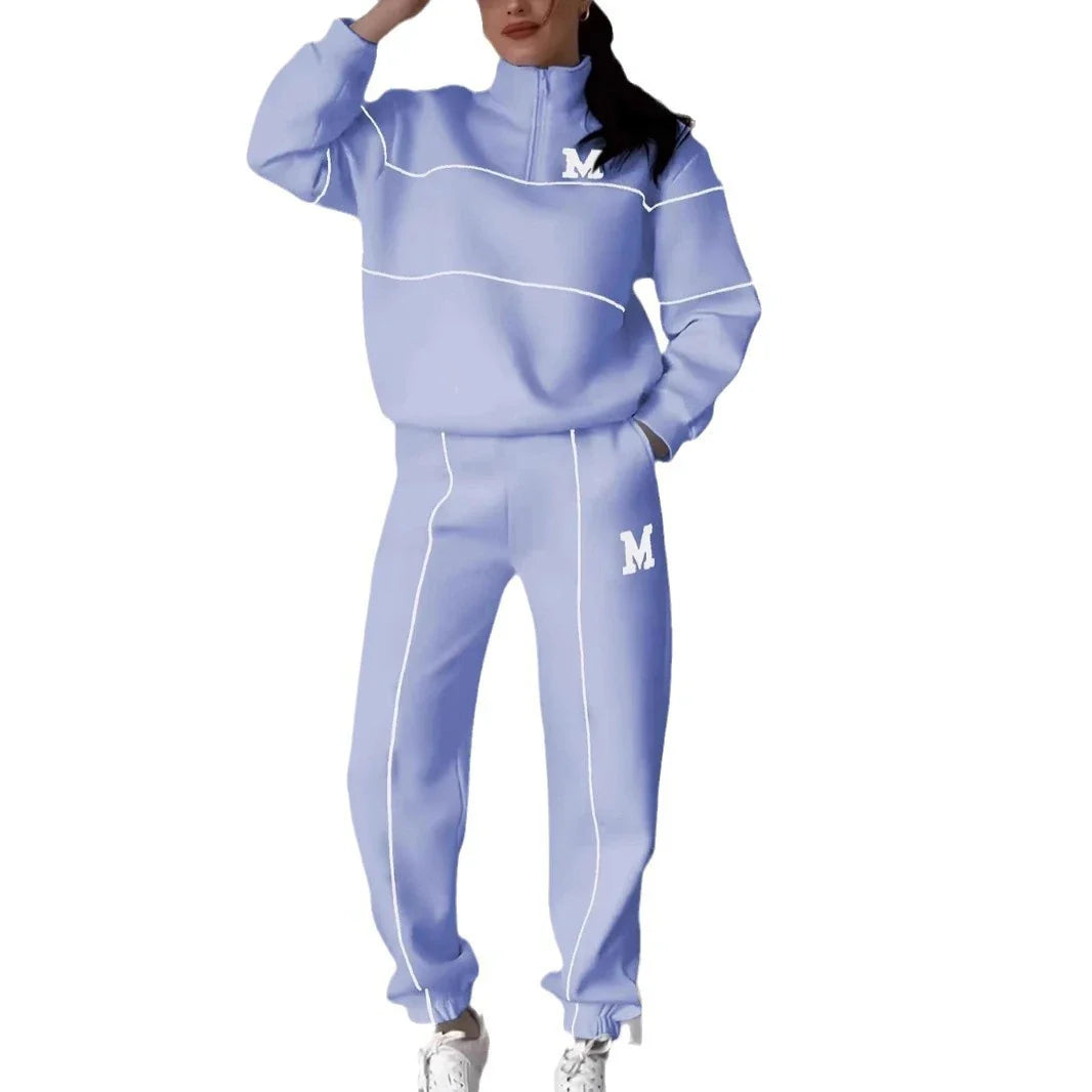 Comfortable and stylish two-piece loungewear set for women, featuring a hoodless pullover sweatshirt and relaxed-fit sweatpants with pockets.