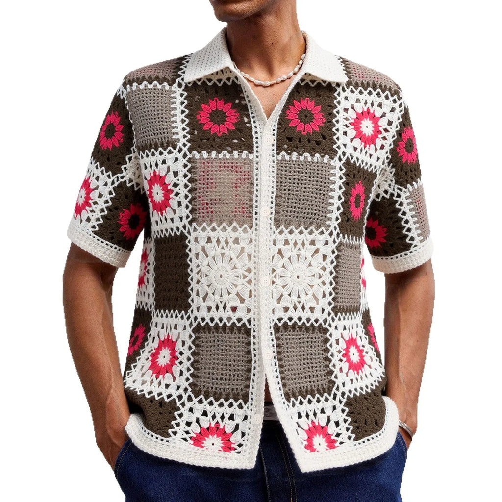 White crocheted short sleeve sweater dress with hollow bandage pattern and flocking detail.