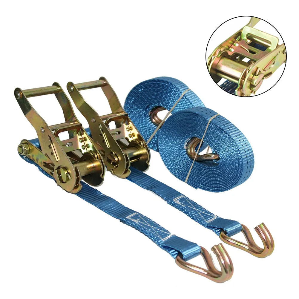 Steel ratchet tensioner strap with double triangular hooks and polyester webbing for furniture transport