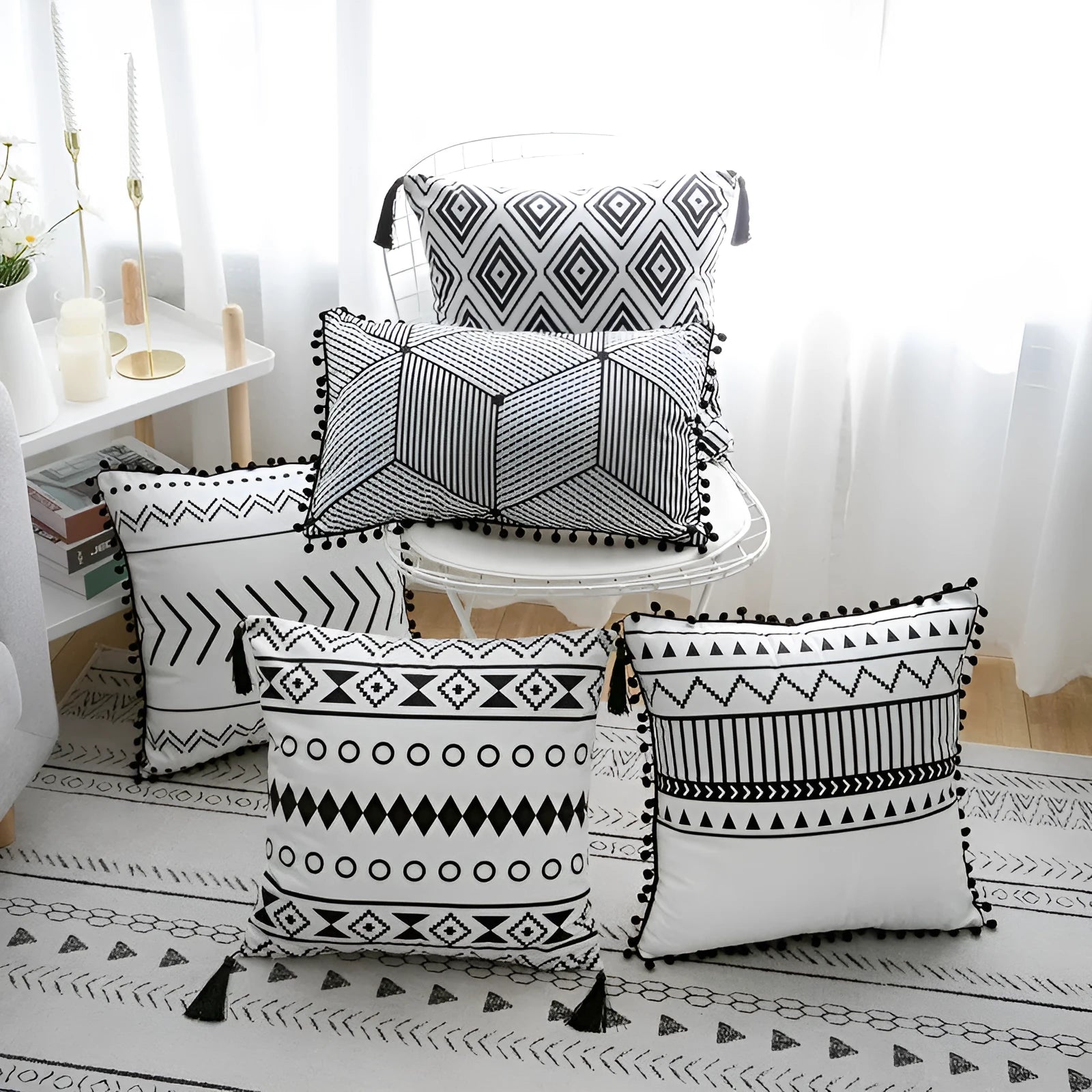 Bohemian national pattern throw pillow in grey colour option with polyester fibre filling