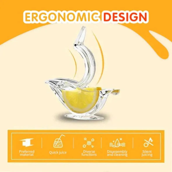 Transparent acrylic manual lemon juicer in the shape of a bird on a kitchen counter.