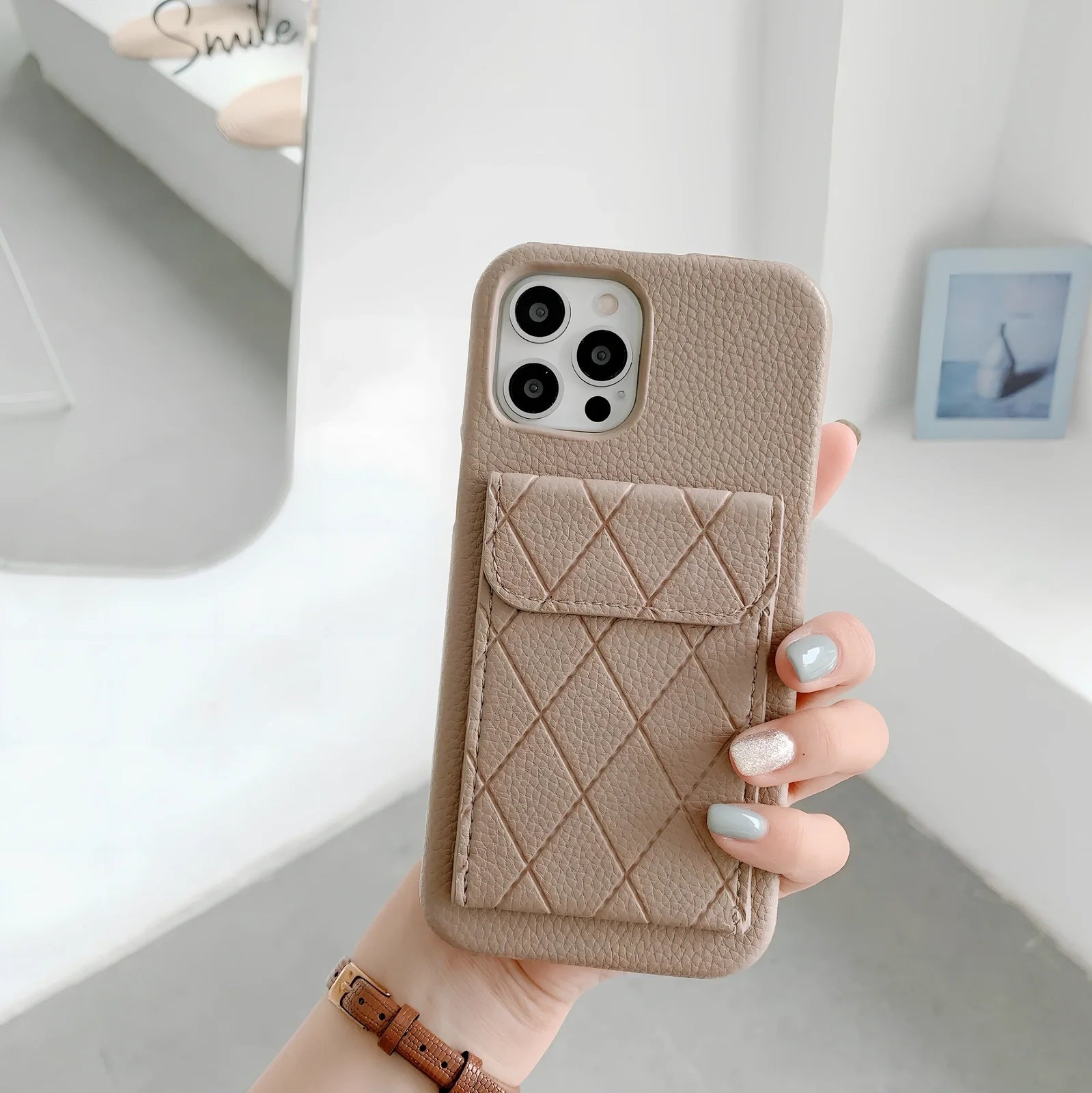 Tide brand black imitation leather iPhone case with card holder slot, fits models 7 to 12 Pro Max, slim back cover design