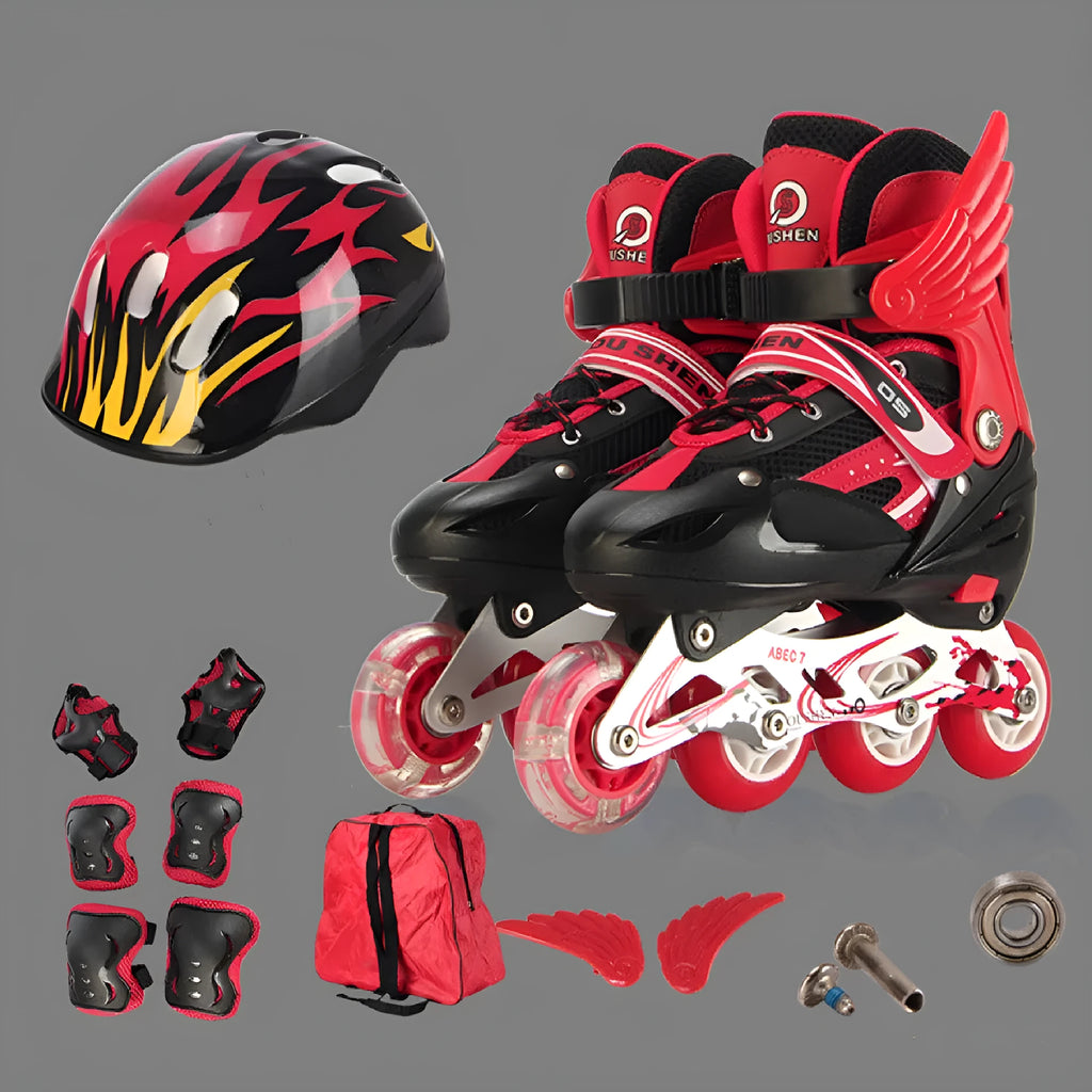Colourful adjustable children's roller skates with protective helmet and gear set on a backpack