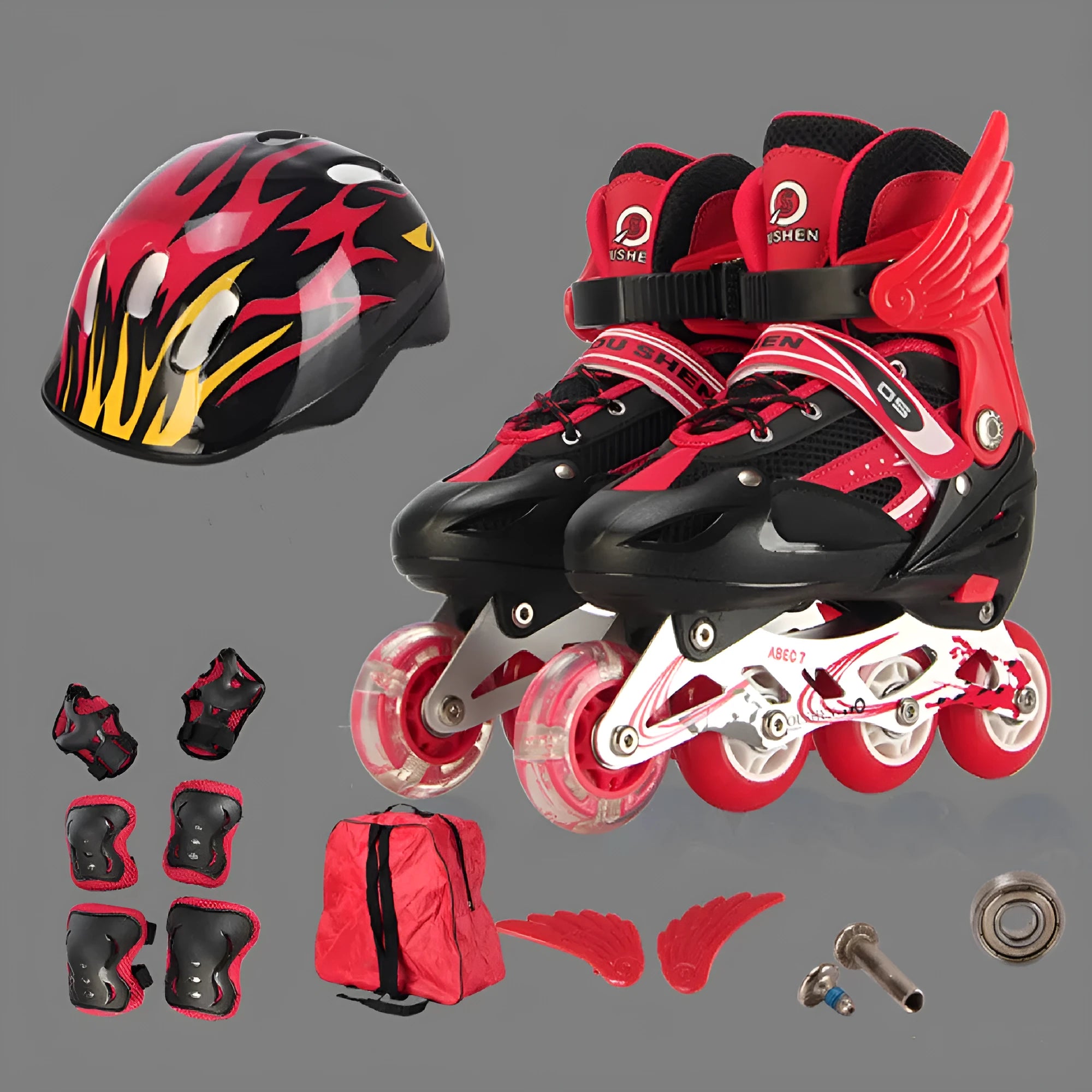 Colourful adjustable children's roller skates with protective helmet and gear set on a backpack