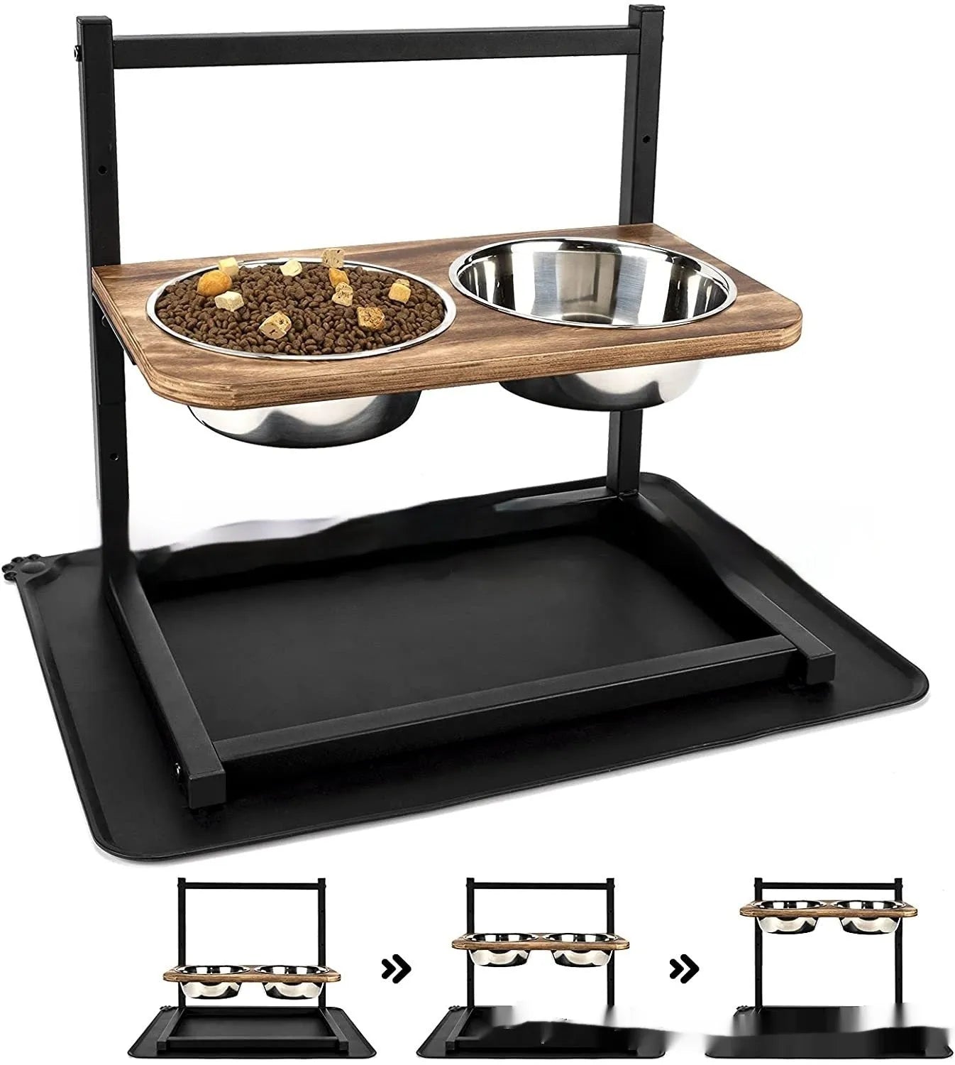 Black iron dog bowl rack with dimensions 42x30x40 cm for elevated feeding