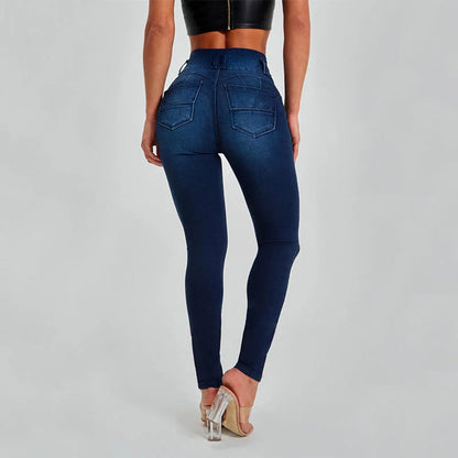 Women's high waist skinny jeans in dark blue and light blue with stretch and shaping features