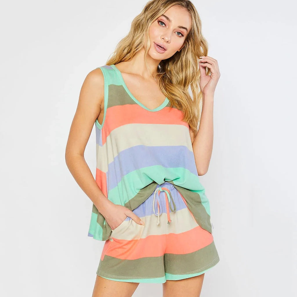 Women's rainbow stripes short sleeve pajama set in imitation cotton