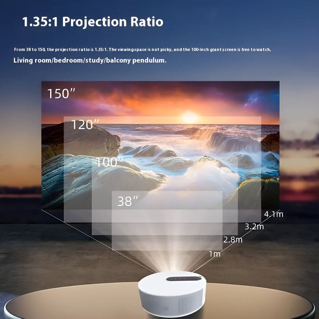 White 720p HD home theatre projector with remote control on a wooden surface.