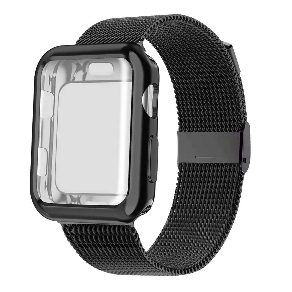Silver magnetic Milanese metal band for Apple Watch on a wrist, showing the clasp.