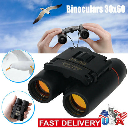 Compact 30x60 zoom binoculars with carry bag, ideal for outdoor adventures and events.