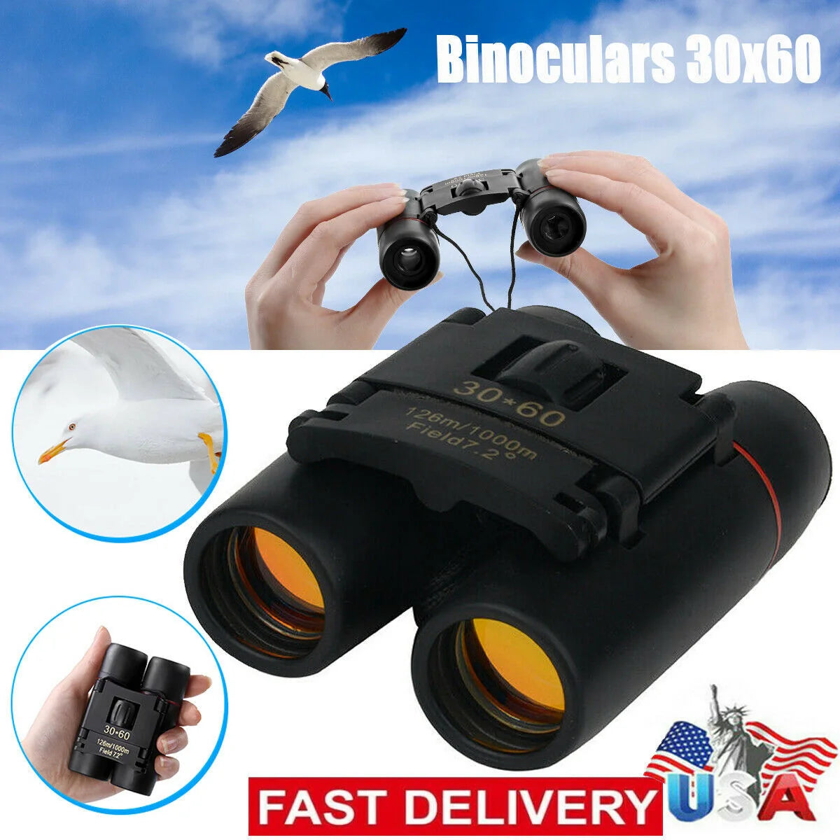 Compact 30x60 zoom binoculars with carry bag, ideal for outdoor adventures and events.