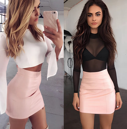 Women's shiny PU leather pencil skirt with high waist and side zipper in pink, black, or yellow