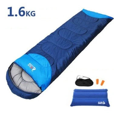 Blue camping sleeping bag with removable inner liner, compression straps, and waterproof 190T polyester shell