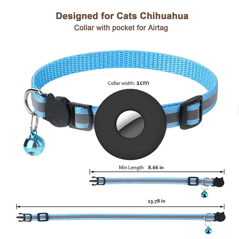 Reflective Airtag pet collar with bell for cats and dogs, adjustable and waterproof