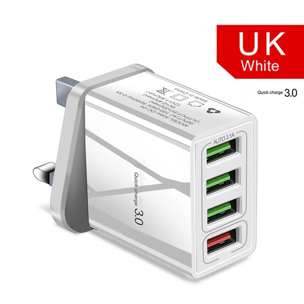 Illuminated 4USB Mobile Phone Charger with fast charging capability, available in black and white