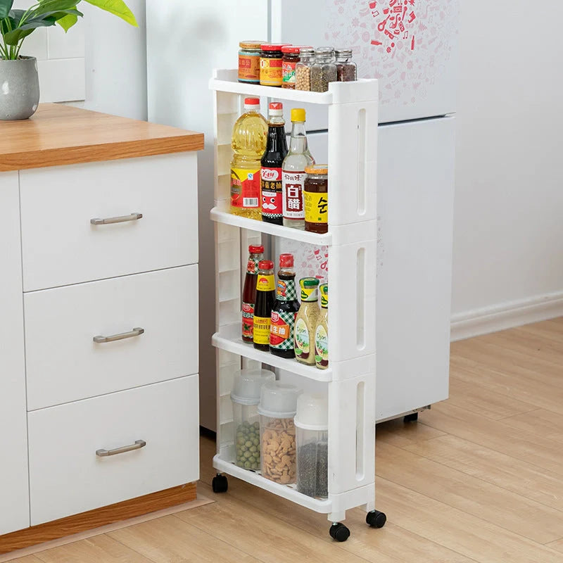 Multi-layer kitchen storage shelf with wheels in white and grey options