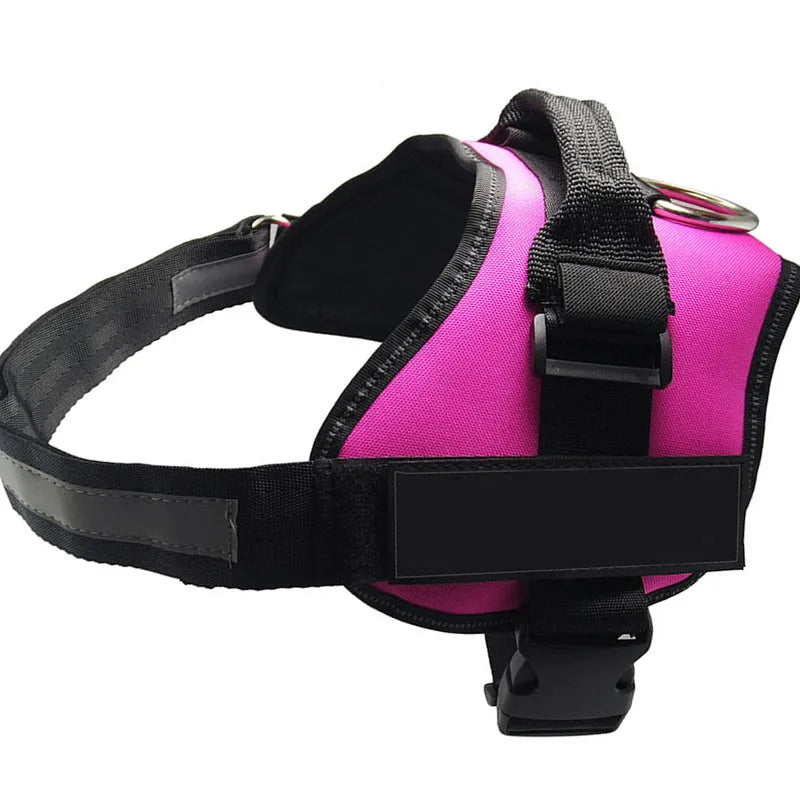 Personalised reflective nylon no-pull dog harness vest shown in a colour option, featuring adjustable straps and a patch panel.