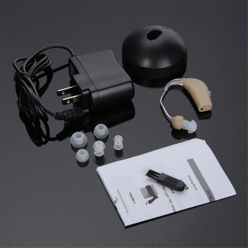 Small white rechargeable BTE hearing aid amplifier with charging cable, shown with EU and US plug options.