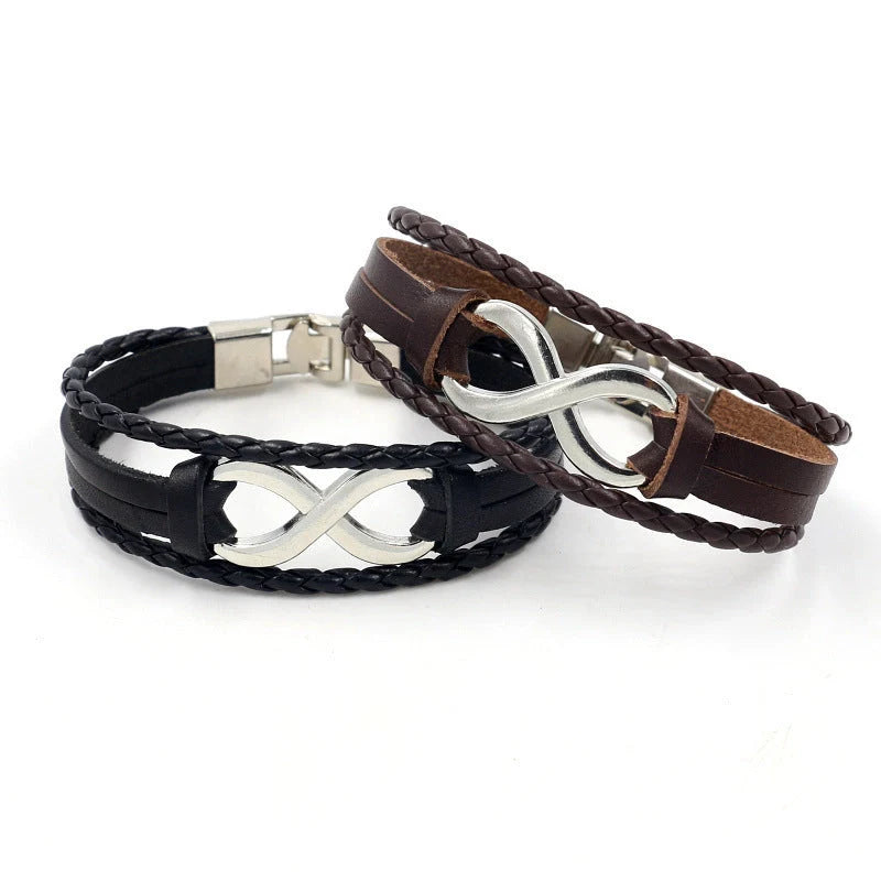 Alloy lucky figure 8 leather bracelet with adjustable leather strap and stainless steel accents