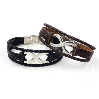 Alloy lucky figure 8 leather bracelet with adjustable leather strap and stainless steel accents