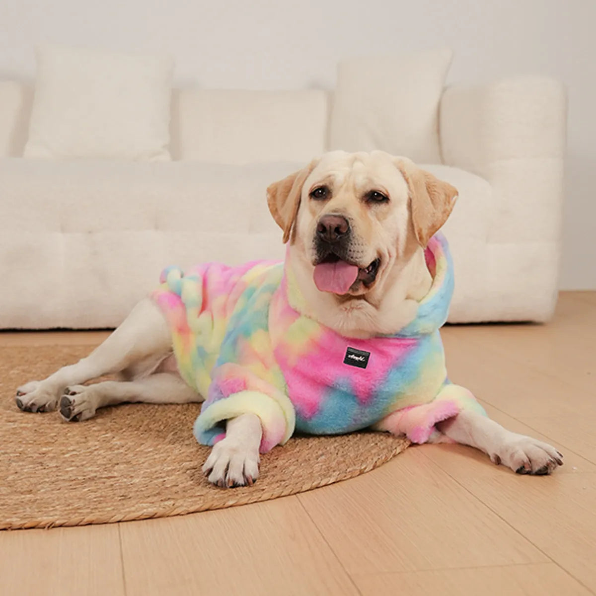 Multicolour tie-dyed cotton dog sweater with rainbow pattern and rabbit fur texture