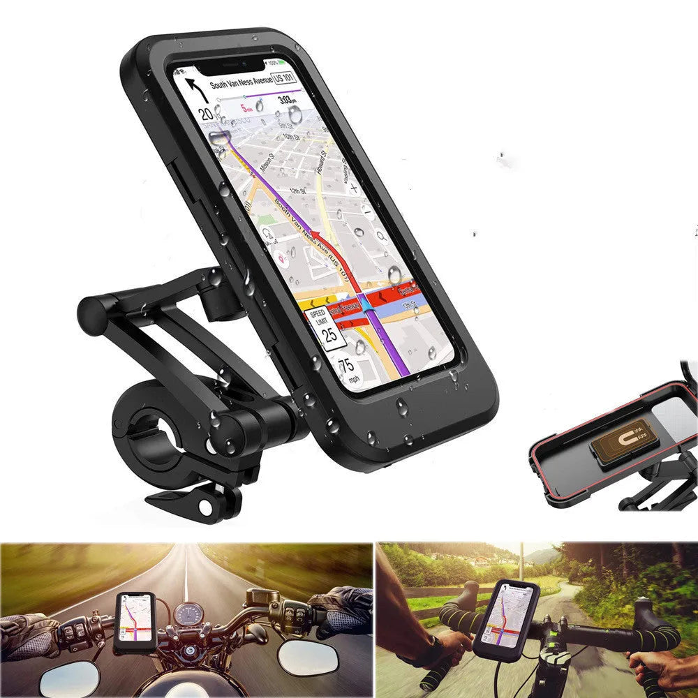 Black adjustable waterproof bicycle phone mount on a handlebar, showing three joints and magnetic phone attachment.