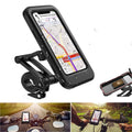 Black adjustable waterproof bicycle phone mount on a handlebar, showing three joints and magnetic phone attachment.