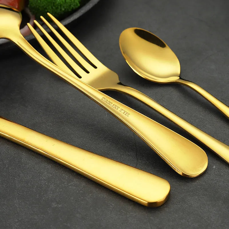 24-piece stainless steel tableware set including knives, forks and spoons in various colour options