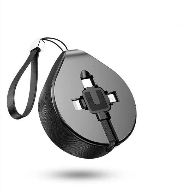 Telescopic three-in-one fast charging data cable shown extended to 1 metre length with three connector types visible