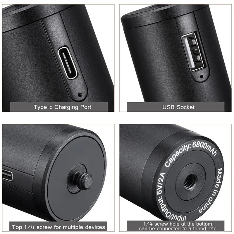Black aluminium alloy power bank with carrying handle showing 6800mAh capacity and compact dimensions
