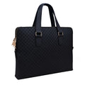 Genuine leather men's business handbag in blue with embossed geometric pattern, soft handles, and zipper closure, designed for a 14-inch laptop