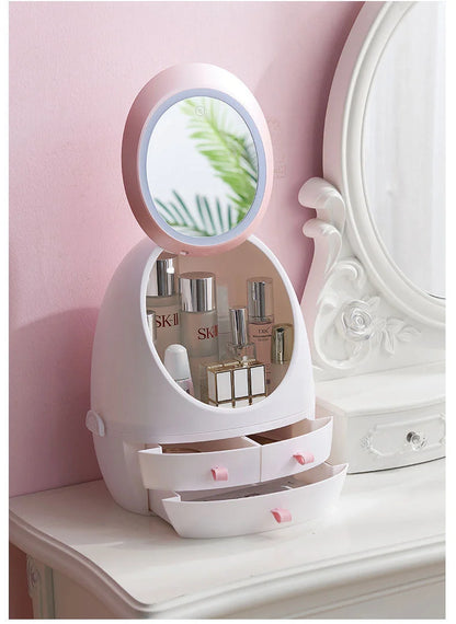 Compact LED makeup mirror with USB charging option and included jewelry box